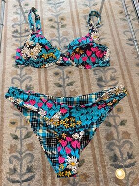 Vetchy Floral & Plaid Reversible bottom Bikini Set - Turquoise, Pink, White